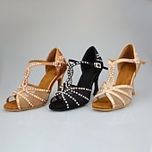 economico Scarpe per balli latini-Scarpe da ballo latino da donna con strass e suola in morbida pelle scamosciata – eleganti tacchi a spillo con cinturino a T in raso per salsa, tango, bachata e altri eventi