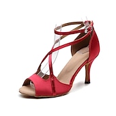 رخيصةأون أحذية لاتيني-حذاء رقص نسائي بكعب عالٍ مفتوح من الأمام من الساتان باللون الأسود مع نعل من جلد السويد الناعم - حذاء رقص لاتيني بأشرطة مع حزام للكاحل للسالسا والأداء