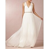cheap Wedding Dresses-A-Line Wedding Dresses V Neck Sweep / Brush Train Chiffon Regular Straps Casual Backless with Beading 2022