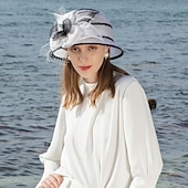 cheap Party Hats-Fascinators Hats 100% Linen Bucket Hat Melbourne Cup Elegant Romantic Wedding With Feather Headpiece Headwear
