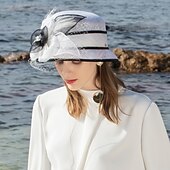 cheap Party Hats-Fascinators Hats 100% Linen Bucket Hat Melbourne Cup Elegant Romantic Wedding With Feather Headpiece Headwear