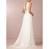 cheap Wedding Dresses-A-Line Wedding Dresses V Neck Sweep / Brush Train Chiffon Regular Straps Casual Backless with Beading 2022