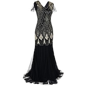 abordables Vestidos de los años 20-Rugido 20s 1920s Maxi Hasta el Tobillo Vestidos Vestido de noche Vestido de fiesta de graduación Normal Mangas cortas El gran Gatsby charlestón Invitado a la boda Lentejuelas Geométrico Corte