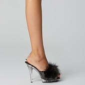 cheap Platform Heels-Women&#039;s Clear High Heel Sandals with Fluffy Faux Fur Strap – Perfect for Parties, Night Outs, and Special Occasions