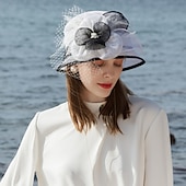 cheap Party Hats-Fascinators Hats 100% Linen Bucket Hat Melbourne Cup Elegant Romantic Wedding With Feather Headpiece Headwear