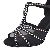 economico Scarpe per balli latini-Scarpe da ballo latino da donna con strass e suola in morbida pelle scamosciata – eleganti tacchi a spillo con cinturino a T in raso per salsa, tango, bachata e altri eventi