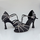 economico Scarpe per balli latini-Scarpe da ballo latino da donna con strass e suola in morbida pelle scamosciata – eleganti tacchi a spillo con cinturino a T in raso per salsa, tango, bachata e altri eventi