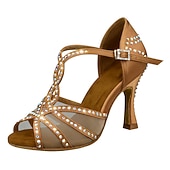 economico Scarpe per balli latini-Scarpe da ballo latino da donna con strass e suola in morbida pelle scamosciata – eleganti tacchi a spillo con cinturino a T in raso per salsa, tango, bachata e altri eventi
