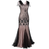 abordables Vestidos de los años 20-Rugido 20s 1920s Maxi Hasta el Tobillo Vestidos Vestido de noche Vestido de fiesta de graduación Normal Mangas cortas El gran Gatsby charlestón Invitado a la boda Lentejuelas Geométrico Corte
