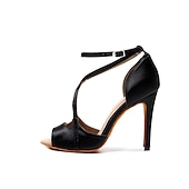 رخيصةأون أحذية لاتيني-حذاء رقص نسائي بكعب عالٍ مفتوح من الأمام من الساتان باللون الأسود مع نعل من جلد السويد الناعم - حذاء رقص لاتيني بأشرطة مع حزام للكاحل للسالسا والأداء