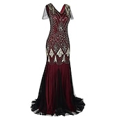 abordables Vestidos de los años 20-Rugido 20s 1920s Maxi Hasta el Tobillo Vestidos Vestido de noche Vestido de fiesta de graduación Normal Mangas cortas El gran Gatsby charlestón Invitado a la boda Lentejuelas Geométrico Corte