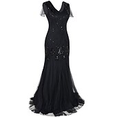 abordables Vestidos de los años 20-Rugido 20s 1920s Maxi Hasta el Tobillo Vestidos Vestido de noche Vestido de fiesta de graduación Normal Mangas cortas El gran Gatsby charlestón Invitado a la boda Lentejuelas Geométrico Corte