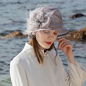 cheap Party Hats-Fascinators Hats 100% Linen Bucket Hat Melbourne Cup Elegant Romantic Wedding With Feather Headpiece Headwear