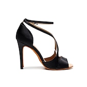 رخيصةأون أحذية لاتيني-حذاء رقص نسائي بكعب عالٍ مفتوح من الأمام من الساتان باللون الأسود مع نعل من جلد السويد الناعم - حذاء رقص لاتيني بأشرطة مع حزام للكاحل للسالسا والأداء