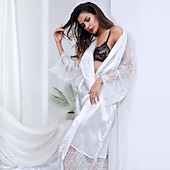 billige Selskapskjoler til dame-gavekåper til kvinner kjole pyjamas badekåper hjemmefest bryllupsfest blonder lappeteppe ren farge spandex enkel tilfeldig myk høst vinter langermet snørebelte inkludert hjemmeantrekk