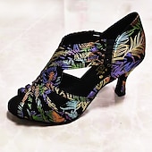 abordables Chaussures de danses latines-chaussures de danse pour femmes brodées de fleurs colorées avec semelle en daim souple – talons latins à bout ouvert pour les performances de salon et de salsa