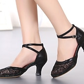 cheap Ballroom Shoes &amp; Modern Dance Shoes-Women&#039;s Silver Mesh Lace Dance Shoes – Low Heel Latin Ballroom Heels with Ankle Strap for Weddings and Special Events