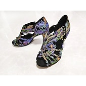 abordables Chaussures de danses latines-chaussures de danse pour femmes brodées de fleurs colorées avec semelle en daim souple – talons latins à bout ouvert pour les performances de salon et de salsa