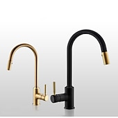 cheap Pullout Spray-Kitchen Sink Mixer Faucet Pull Out, 360 swivel Single Lever Handle Brushed Solid Brass Taps Cold Hot Hose, One Hole with Pull Down Sprayer Black Gold Faucets