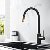 cheap Pullout Spray-Kitchen Sink Mixer Faucet Pull Out, 360 swivel Single Lever Handle Brushed Solid Brass Taps Cold Hot Hose, One Hole with Pull Down Sprayer Black Gold Faucets