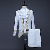cheap Outfits-Retro Vintage Rococo Medieval Coat Pants Circus Jacket Prince Aristocrat Lace Flounced Slim Fit Print Men&#039;s Halloween Masquerade Performance Party Business / Ceremony / Wedding Adults&#039; Coat Pants