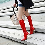 abordables Bottes à la mode-Femme Bottes Cadeaux de Saint-Valentin Bottes sexy Bottes à talons Saint Valentin du quotidien Couleur unie Bottes genou Talon Aiguille Bout pointu Sexy Décontractées Cuir Verni Fermeture Noir