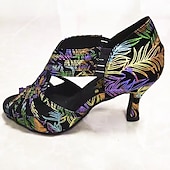 abordables Chaussures de danses latines-chaussures de danse pour femmes brodées de fleurs colorées avec semelle en daim souple – talons latins à bout ouvert pour les performances de salon et de salsa