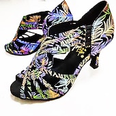 abordables Chaussures de danses latines-chaussures de danse pour femmes brodées de fleurs colorées avec semelle en daim souple – talons latins à bout ouvert pour les performances de salon et de salsa