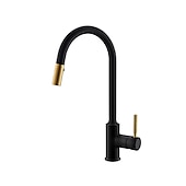 cheap Pullout Spray-Kitchen Sink Mixer Faucet Pull Out, 360 swivel Single Lever Handle Brushed Solid Brass Taps Cold Hot Hose, One Hole with Pull Down Sprayer Black Gold Faucets