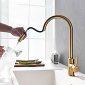 cheap Pullout Spray-Kitchen Sink Mixer Faucet Pull Out, 360 swivel Single Lever Handle Brushed Solid Brass Taps Cold Hot Hose, One Hole with Pull Down Sprayer Black Gold Faucets