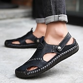 billiga Utomhussandaler-Herr Sandaler Lädersandaler Plusstorlekar Handgjorda skor Komfortskor Promenad Ledigt Strand Läder Andningsfunktion Loafers Spänne Mörkbrun Svart Brun Sommar Vår