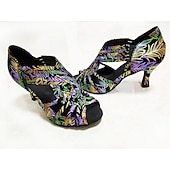 abordables Chaussures de danses latines-chaussures de danse pour femmes brodées de fleurs colorées avec semelle en daim souple – talons latins à bout ouvert pour les performances de salon et de salsa