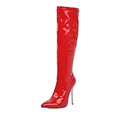 abordables Bottes à la mode-Femme Bottes Cadeaux de Saint-Valentin Bottes sexy Bottes à talons Saint Valentin du quotidien Couleur unie Bottes genou Talon Aiguille Bout pointu Sexy Décontractées Cuir Verni Fermeture Noir