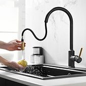 cheap Pullout Spray-Kitchen Sink Mixer Faucet Pull Out, 360 swivel Single Lever Handle Brushed Solid Brass Taps Cold Hot Hose, One Hole with Pull Down Sprayer Black Gold Faucets