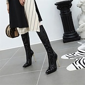 abordables Bottes à la mode-Femme Bottes Cadeaux de Saint-Valentin Bottes sexy Bottes à talons Saint Valentin du quotidien Couleur unie Bottes genou Talon Aiguille Bout pointu Sexy Décontractées Cuir Verni Fermeture Noir