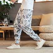 halpa Retro-Miesten Pellavahousut Housut Kesähousut Rantahousut Joustava vyötärö Pudota haara Geometrinen Juhla Päivittäin Hip-Hop Boheemi Loose Fit Valkoinen Keltainen