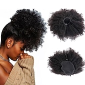 abordables Extensions à Clips-Extensions de queue de cheval afro crépus bouclés brésiliens 1b remy 10-22 pouces de long clip en queue de cheval extension de cheveux humains