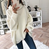 billiga Pullover &amp; Toppar-Dam Pullover tröja Grundläggande Ledigt Ensfärgat Ribbad Polokrage Drop Shoulder Långärmad Tunika Sticka Dagligen Helgdag Svart Vit Höst Vinter