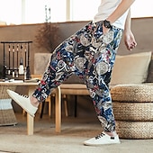 halpa Retro-Miesten Pellavahousut Housut Kesähousut Rantahousut Joustava vyötärö Pudota haara Geometrinen Juhla Päivittäin Hip-Hop Boheemi Loose Fit Valkoinen Keltainen