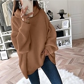 billiga Pullover &amp; Toppar-Dam Pullover tröja Grundläggande Ledigt Ensfärgat Ribbad Polokrage Drop Shoulder Långärmad Tunika Sticka Dagligen Helgdag Svart Vit Höst Vinter