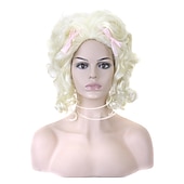 billige Historiske parykker-Blonde parykker kvinner tilbehør cosplay parykk krøllete Marie Antoinette lagdelt hårklipp parykk middels lengde platina blond syntetisk hår 14 tommer kvinner bryllup ungdom blond hårglede