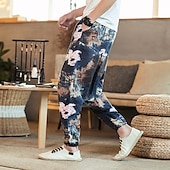 halpa Retro-Miesten Pellavahousut Housut Kesähousut Rantahousut Joustava vyötärö Pudota haara Geometrinen Juhla Päivittäin Hip-Hop Boheemi Loose Fit Valkoinen Keltainen