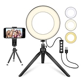お買い得  リングライト-LEDリングライトランプ6&quot;15cmデスクトップ三脚スタンドYouTubeビデオメイク用tiktokミニLEDカメラライト、携帯電話ホルダー付き、3つのライトモード&amp;amp; 11輝度レベル