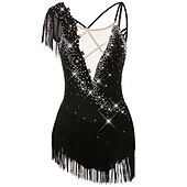 preiswerte Eiskunstlaufkleider-Eiskunstlaufkleid Damen Mädchen Eislaufen Kleider Schwarz Weiß Gelb Kreuz und quer Quaste Gitter Spandex Hochelastisch Wettbewerb Eiskunstlaufkleidung Ärmellos Latintanz Eislaufen Wintersport