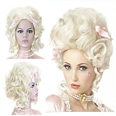 billige Historiske parykker-Blonde parykker kvinner tilbehør cosplay parykk krøllete Marie Antoinette lagdelt hårklipp parykk middels lengde platina blond syntetisk hår 14 tommer kvinner bryllup ungdom blond hårglede
