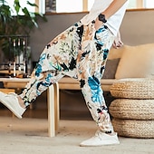 halpa Retro-Miesten Pellavahousut Housut Kesähousut Rantahousut Joustava vyötärö Pudota haara Geometrinen Juhla Päivittäin Hip-Hop Boheemi Loose Fit Valkoinen Keltainen