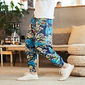 halpa Retro-Miesten Pellavahousut Housut Kesähousut Rantahousut Joustava vyötärö Pudota haara Geometrinen Juhla Päivittäin Hip-Hop Boheemi Loose Fit Valkoinen Keltainen