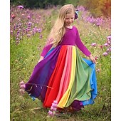 tanie Casualowe sukienki-Brzdąc Dla dziewczynek Sukienka Kolorowy blok Tęczowy Długi rękaw Ślub Rocznica Prezenty bożonarodzeniowe Niejednolita całość Elegancja Boho Piękny Bawełna Poliester Maxi Sukienka tiulowa Jesień Zima