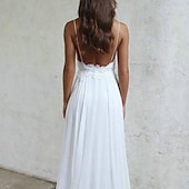 abordables vestidos de novia casuales-Vestido de boda boho sexy simple playa vestido de boda A-línea escote corazón tirantes camisola cola barrida  cepillo gasa vestidos de novia con pliegues apliques vestido para impresionar boda de
