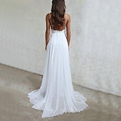 abordables vestidos de novia casuales-Vestido de boda boho sexy simple playa vestido de boda A-línea escote corazón tirantes camisola cola barrida  cepillo gasa vestidos de novia con pliegues apliques vestido para impresionar boda de